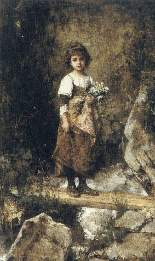 593x1000 A Peasant Girl On A Footbridge - Peasant Girl Painting