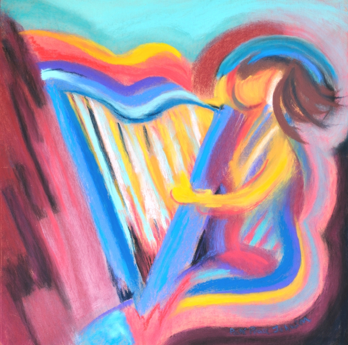 1200x1188 Painting Harp Player With Blue Halo 364 (Original Art By - Pease Painting