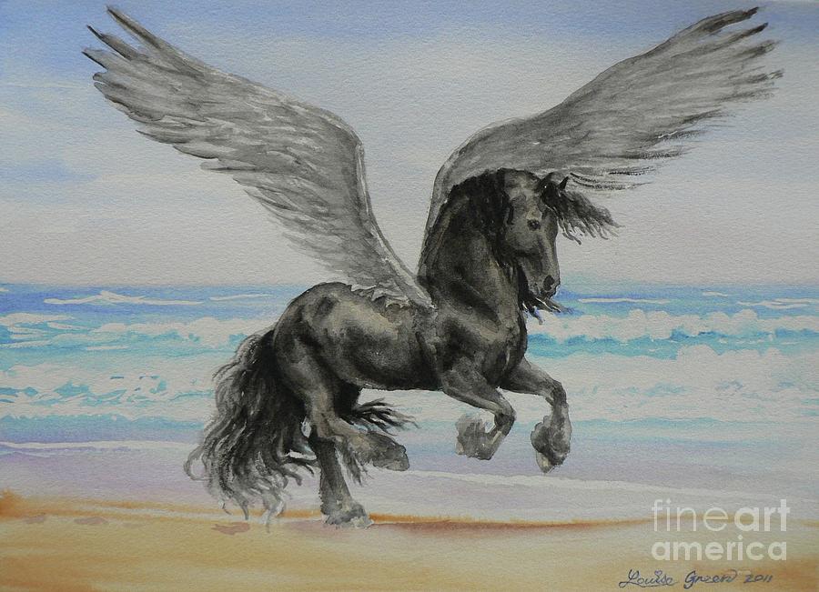 900x651 Friesian Pegasus Painting By Louise Green - Pegasus Painting