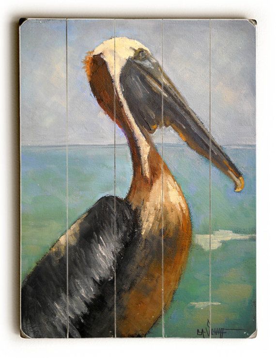 570x739 Pelican Painting Giclee Print On Wood Planks, Beach Wall Decor - Pelican Painting On Wood