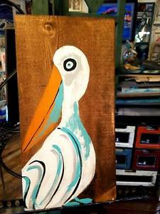 225x300 Reclaimed Wood Pelican Coastal Art By Sdv Nautical Painting Sea - Pelican Painting On Wood