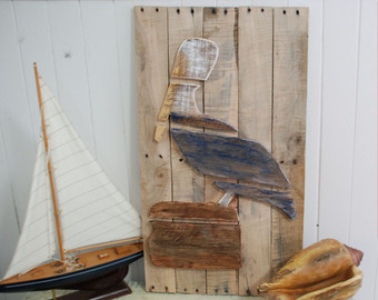 340x270 Wood Pelican Set Of 3 Layered Wood Beach Decor Wall Art - Pelican Painting On Wood