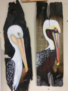225x300 Big Beautiful New Pieces On Reclaimed Wood C. P. F. Paintings - Pelican Painting On Wood