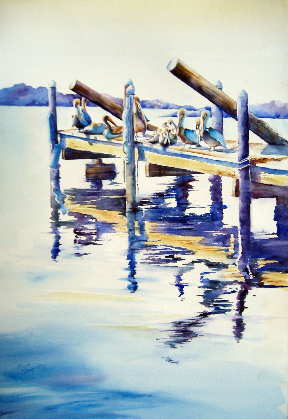 1005x1464 Nature Paintings Pelicans On The Pier - Pelican Watercolor Painting