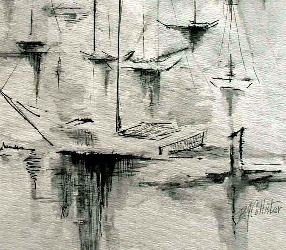 932x813 Original Artwork Water Media Pen Ink Sailboats Painting Sold - Pen And Ink Painting