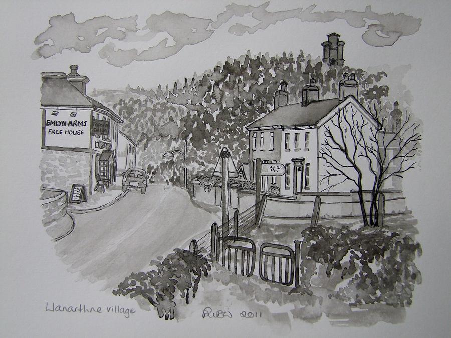 900x675 Pen And Ink Llanarthne Village Emlyn Arms Pub 01 Painting By Pat - Pen And Ink Painting
