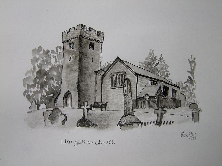 900x675 Pen And Ink Llangathen Church 01 Painting By Pat Bullen Whatling - Pen And Ink Painting