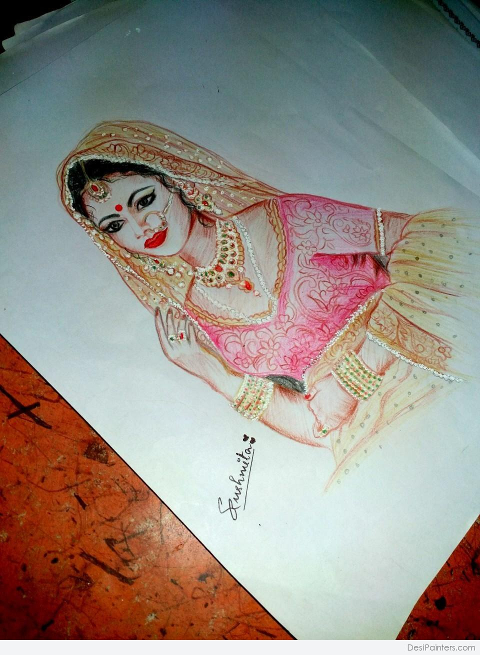 960x1310 Drawing In Colour Pencil A Dulhan Pencil Color Painting - Pencil Colour Painting