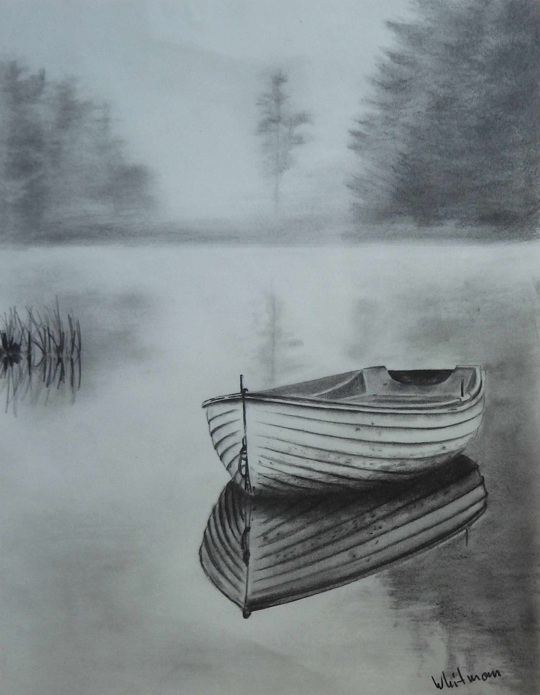 2094x2693 Misty Row Boat Sketch, Water Reflections. Original Art, Graphite - Pencil Sketch Painting