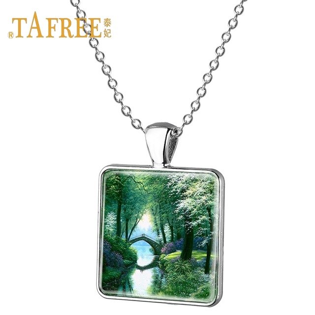 640x640 Tafree Pink House Pendant Necklace Cherry Landscape Glass Gem - Pendant Painting