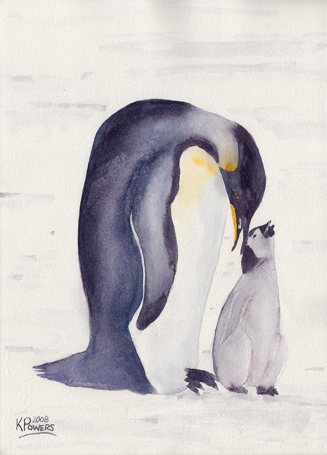 647x900 Penguin And Baby Painting By Ken Powers - Penguin Painting