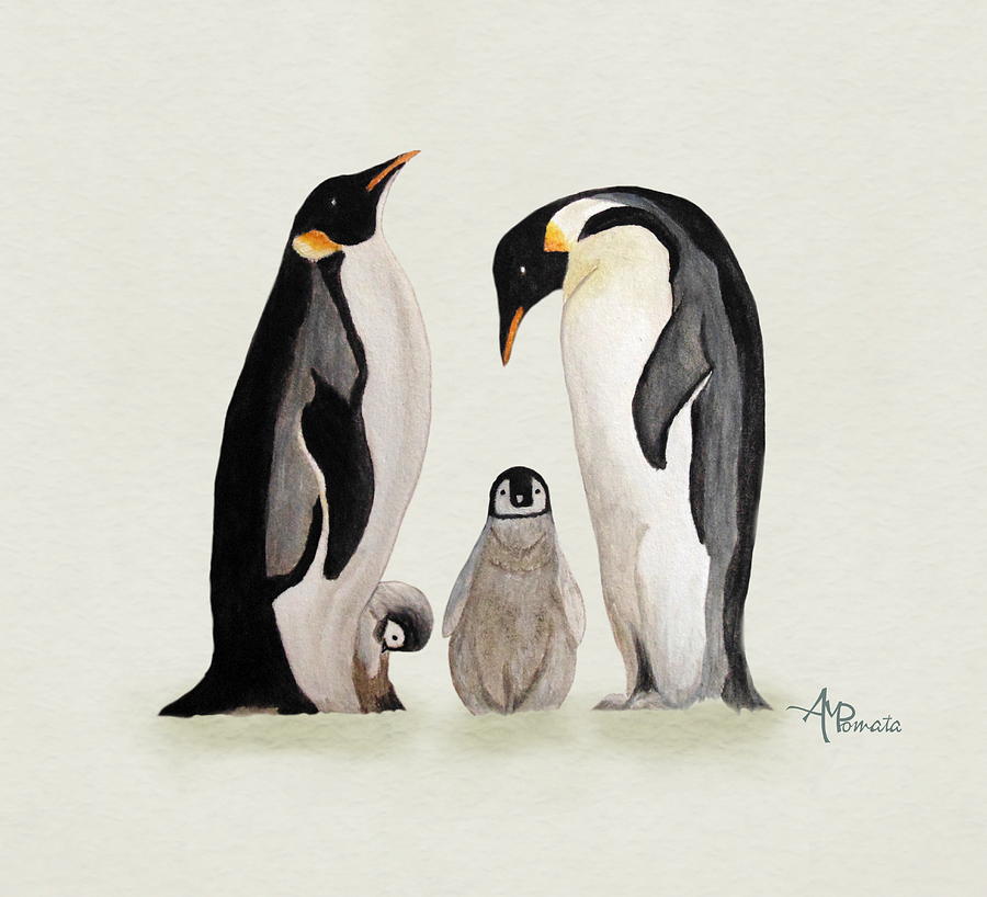 900x818 Penguin Family Watercolor Painting By Angeles M Pomata - Penguin Painting