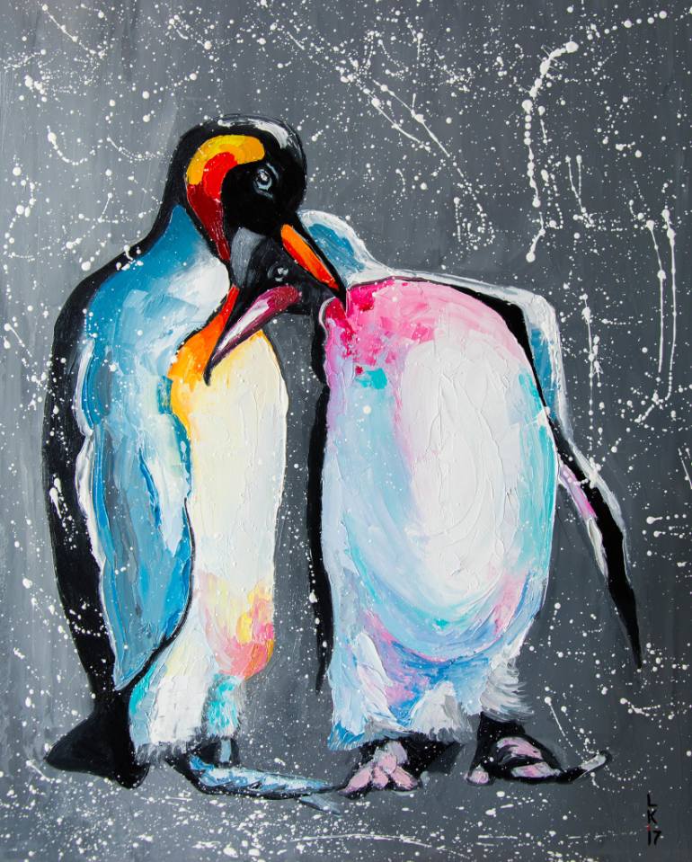 770x959 Saatchi Art Penguins In Love Painting By Lyubov Kuptsova - Penguin Painting