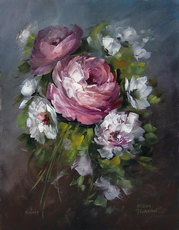 701x900 Red Rose And White Peony Painting By David Jansen - Peony Painting