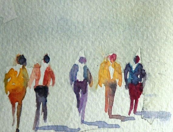570x436 Watercolor Painting Aceo Original Walking Figures People - People Painting