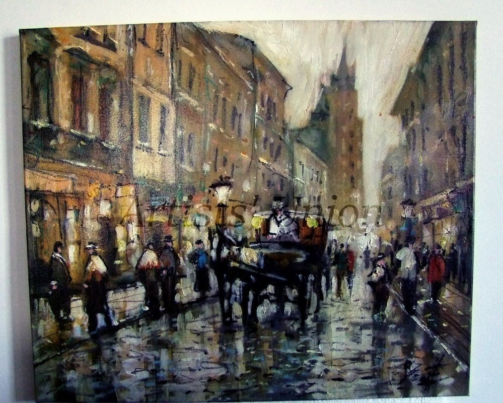 999x800 Old Town Original Oil Painting Cityscape Walking People Cab - People Walking Painting