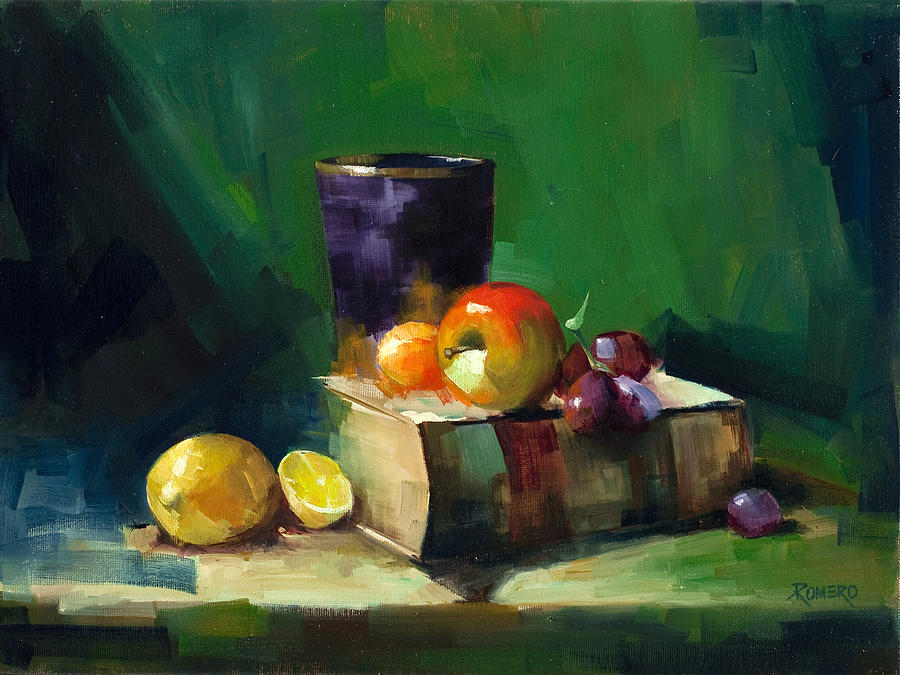 900x675 Red Apple Book And Purple Painting By Pepe Romero - Pepe Painting