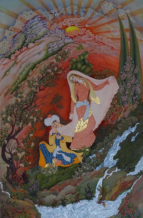 593x900 Miniature Painting Persian Lovers Painting By Persian Art - Persian Painting