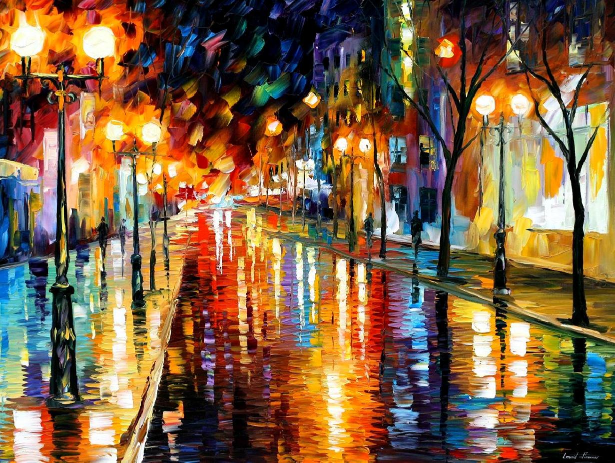 1231x926 Night Perspective Palette Knife Oil Painting On Canvas By Leonid - Perspective Painting