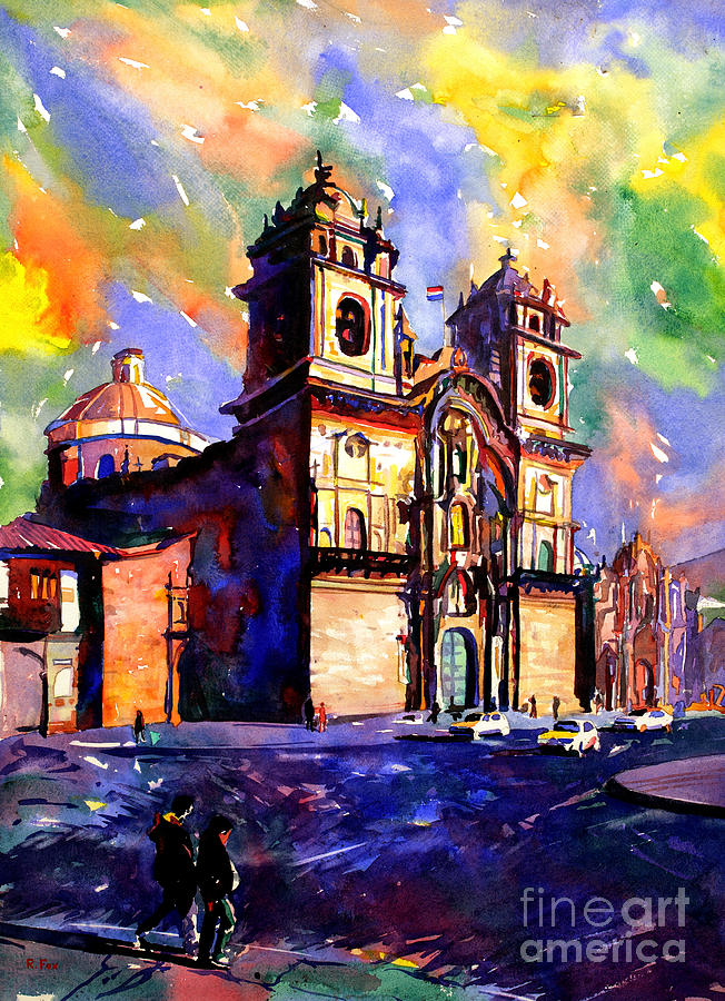 652x900 Watercolor Painting Of Church On The Plaza De Armas Cusco Peru - Peru Painting