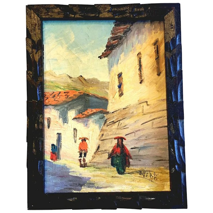 740x740 Peru Peruvian Oil Painting Canvas Village Artist Signed Allie'S - Peruvian Artist Oil Painting
