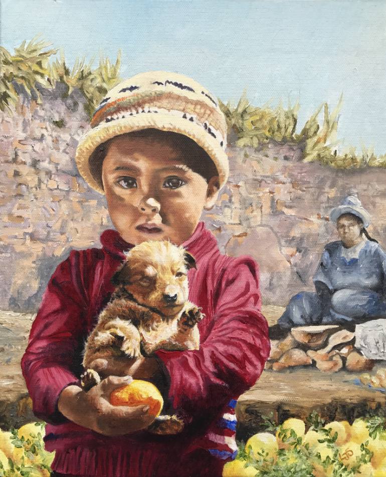770x951 Saatchi Art Peruvian Boy And Puppy Painting By Louise Scott - Peruvian Painting