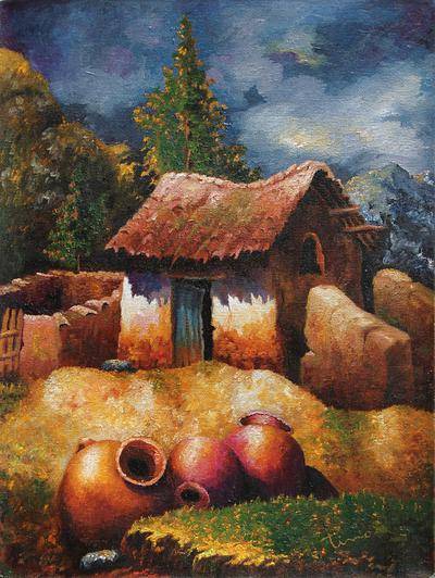 400x532 Nostalgic Peruvian Village Scene Painting - Peruvian Painting