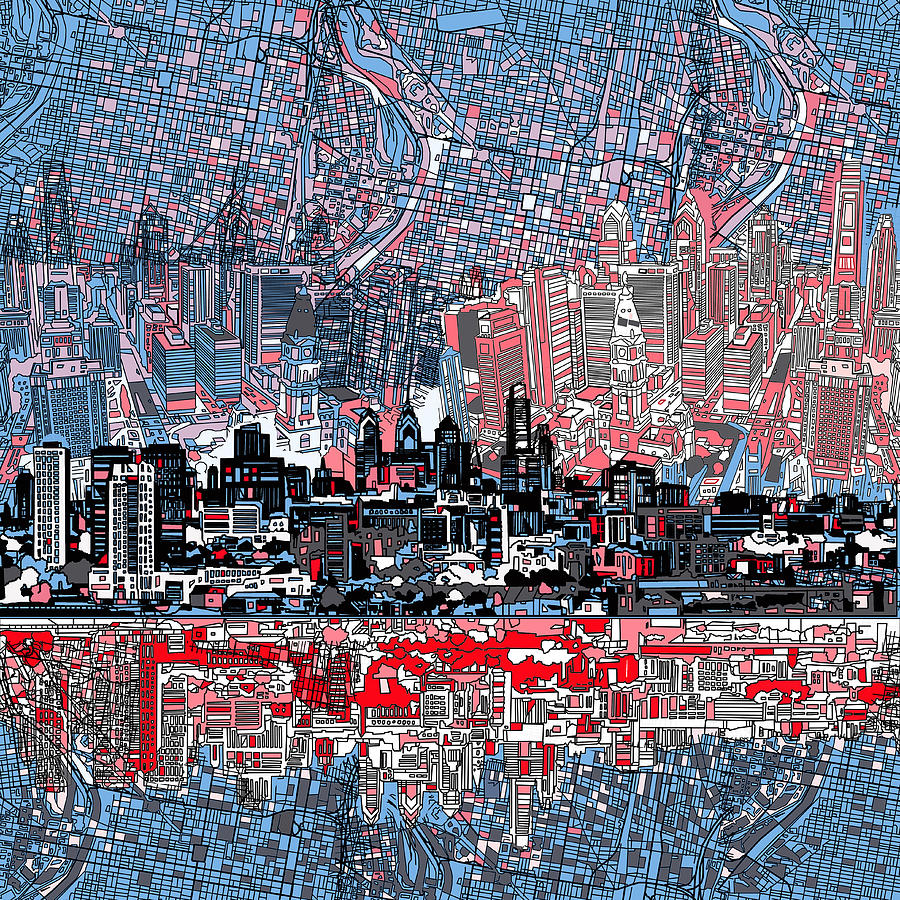 900x900 Philadelphia Skyline Abstract Painting By Bekim Art - Philadelphia Skyline Painting