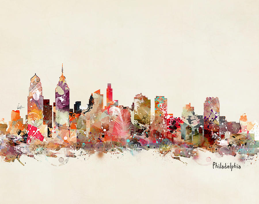 900x707 Philadelphia Skyline Painting By Bleu Bri - Philadelphia Skyline Painting