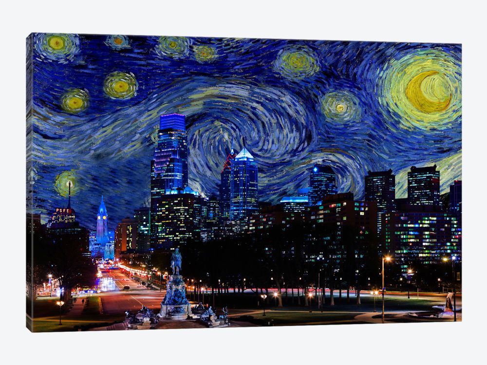 1000x750 Philadelphia, Pennsylvania Starry Night Skyline Canvas Art Print - Philly Skyline Painting