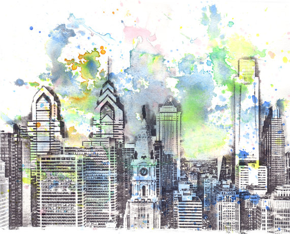 570x459 Philadelphia Skyline Art Print Watercolor Painting Philadephia - Philly Skyline Painting