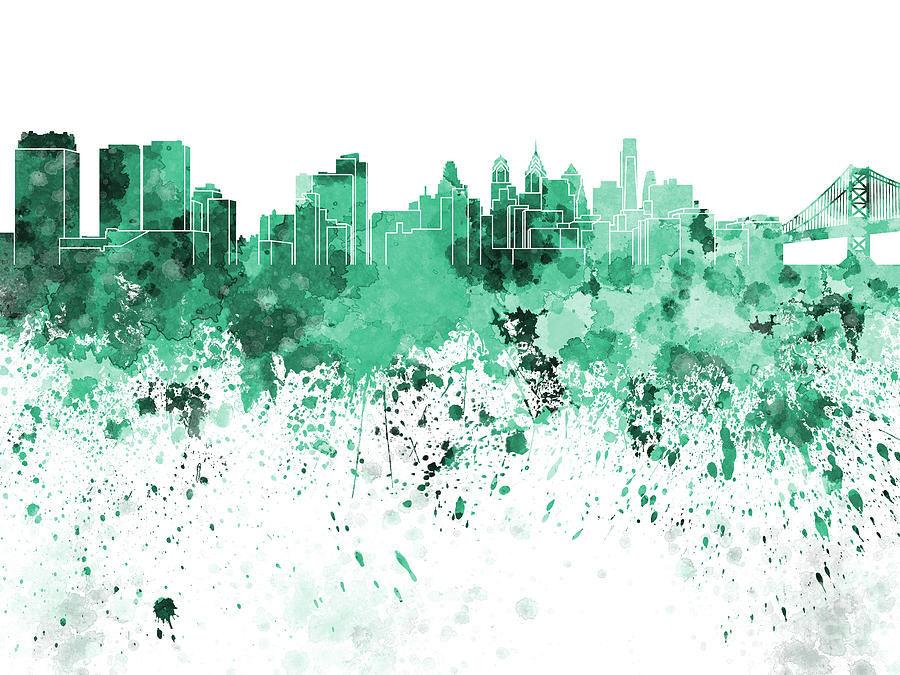 900x675 Philadelphia Skyline In Green Watercolor On White Background - Philly Skyline Painting