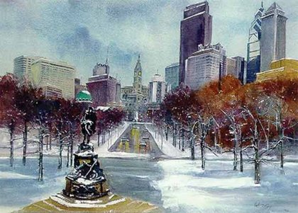 420x301 Philadelphia Skyline Watercolor - Philly Skyline Painting