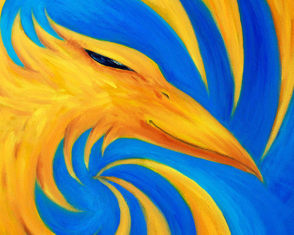 600x480 Fire Phoenix On Blue Background, Original Oil Painting, Yellow - Phoenix Oil Painting