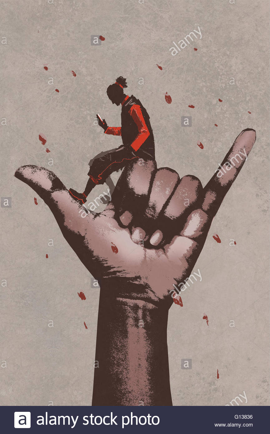 866x1390 Big Hand In Call Me Sign With Man Using Mobile Phone,illustration - Phone Painting