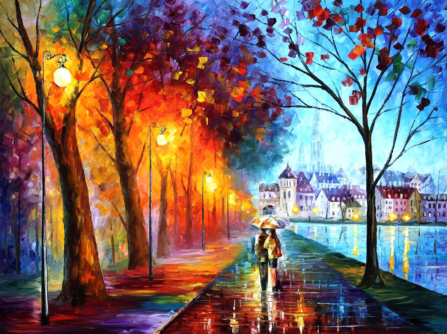 1434x1073 City By The Lake Palette Knife Oil Painting On Canvas By Leonid - Photo Painting