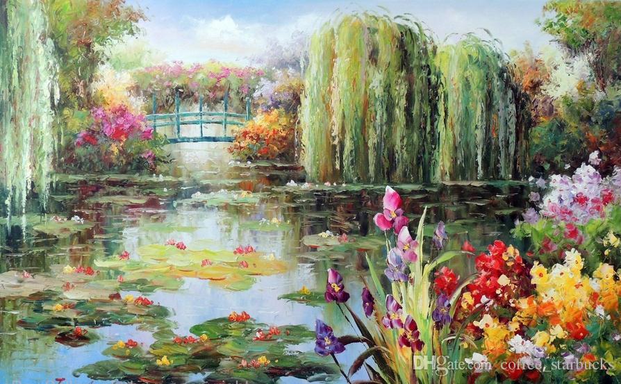 894x553 2018 Lily Pond Weeping Willow Trees Purple Iris Flowers ,pure Hand - Photo To Painting Free