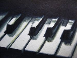 300x225 Watercolor Painting Black Amp White Piano Keys Music Song Aceo Art - Piano Keys Painting