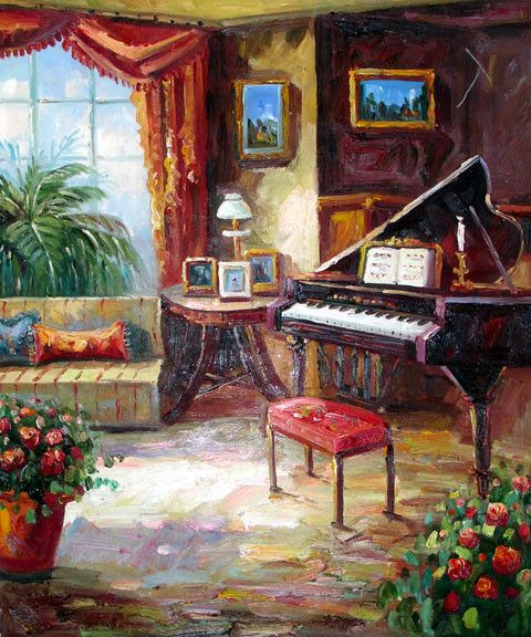 480x576 Piano The Window Original Oil Painting Artist Unknown Size Piano - Piano Oil Painting