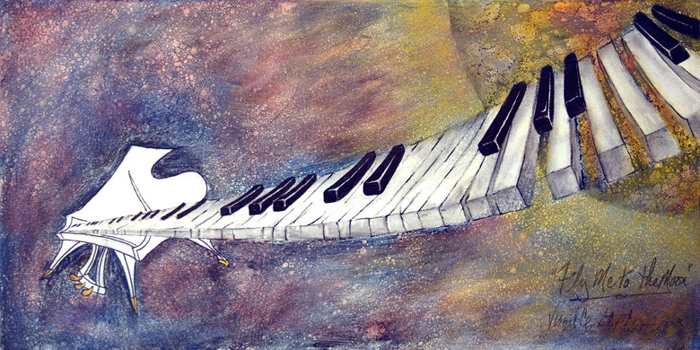 780x390 Music Painting, Music Art Print Fly Me Too The Moon Piano - Piano Painting