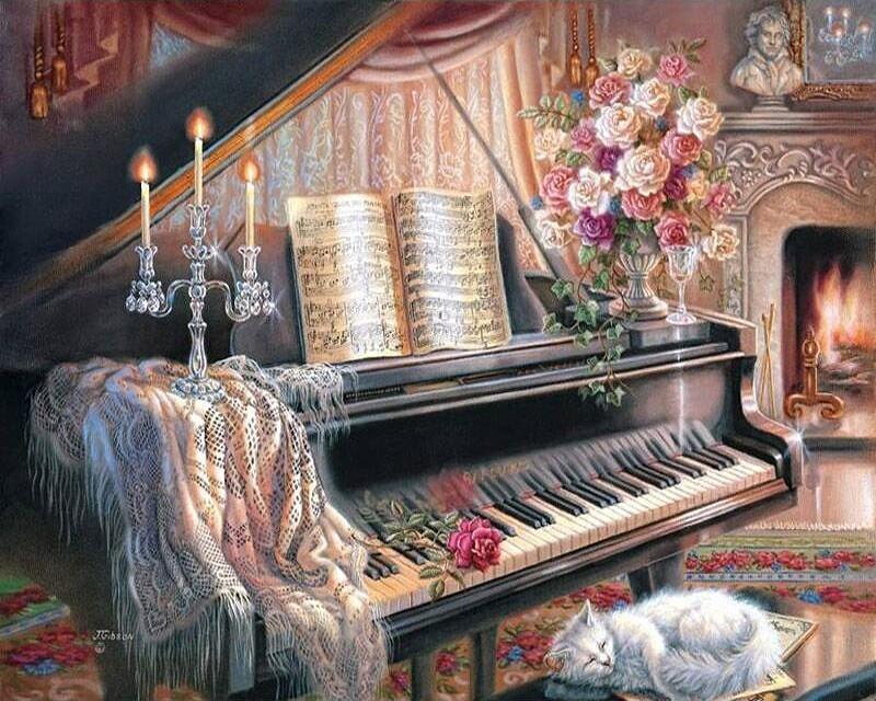 800x640 Sleeping Cat Amp Piano Painting By Numbers Jenra Store - Piano Painting