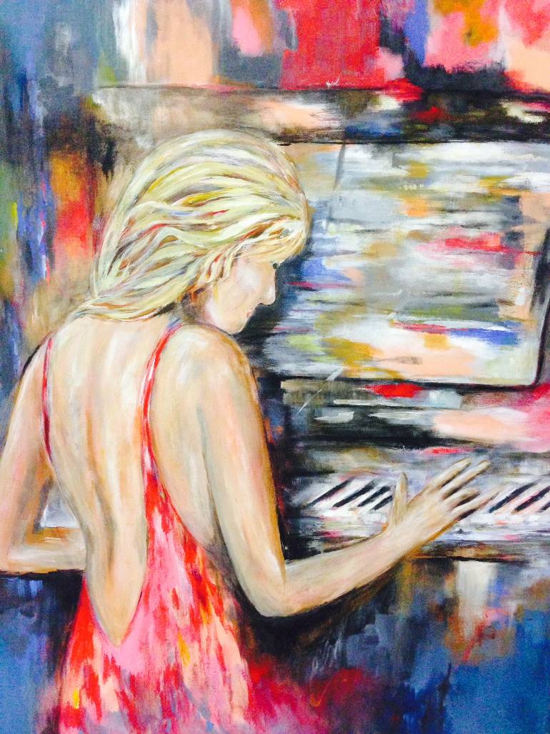 770x1027 Saatchi Art Lady In Red Playing Piano Painting By Colette Acra - Piano Player Painting