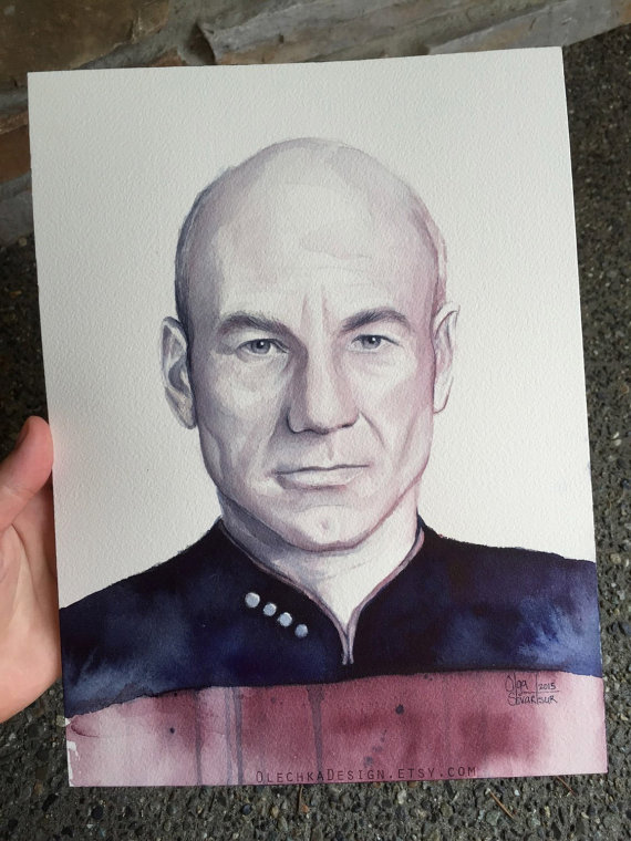 570x760 Captain Picard Portrait Original Watercolor Painting Picard - Picard Painting