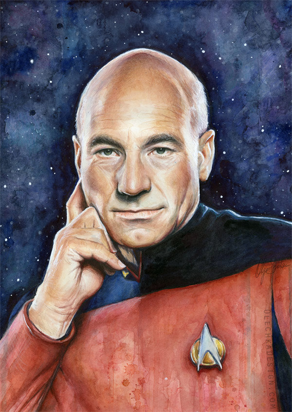 600x846 Captain Picard Portrait Star Trek Art Watercolor Painting - Picard Painting