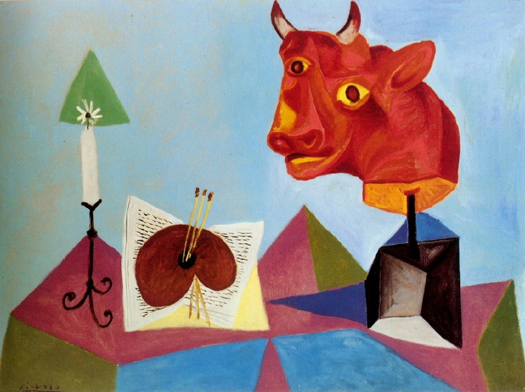737x550 Pablo Picasso Candle, Palette, Red Bull Head, 1938 - Picasso Bull Painting
