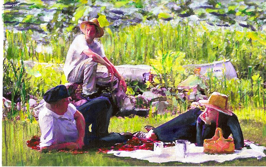 900x567 Picnic By The Lake Painting By Randy Sprout - Picnic Painting