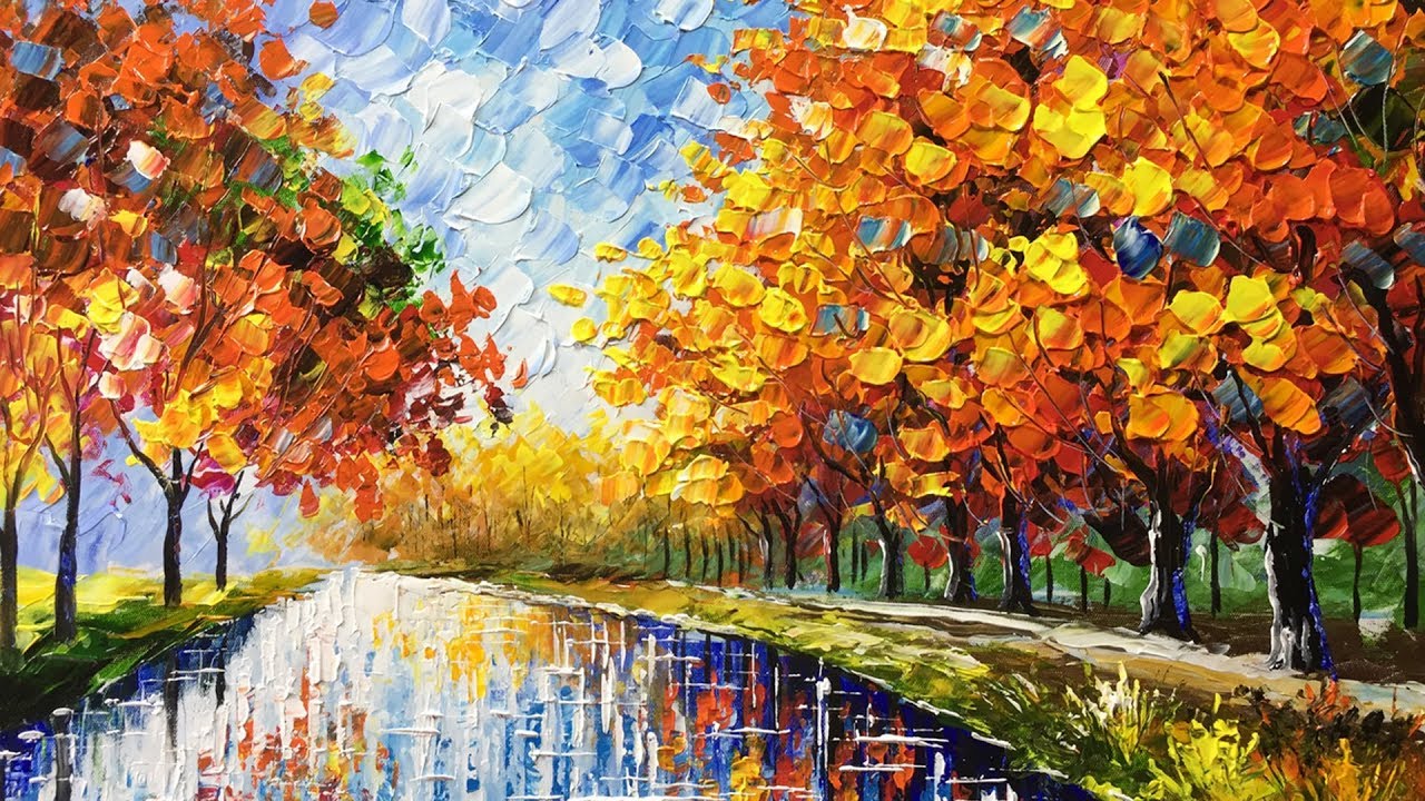 1280x720 Landscape Autumn Palette Knife Acrylic Painting - Pictures Painting