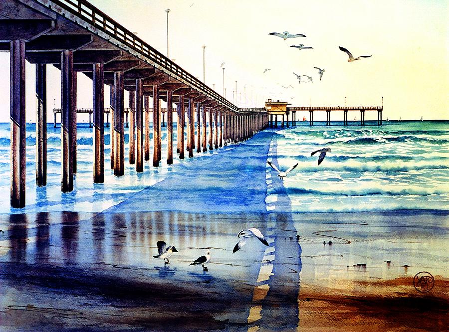 900x666 Ocean Beach Pier Painting By John Yato - Pier Painting