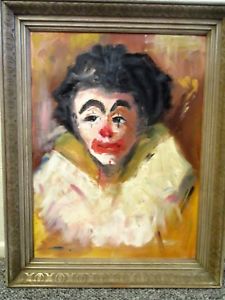 225x300 Vintage Pierrot Clown Harlequin Portrait Oil Painting Framed - Pierrot Painting