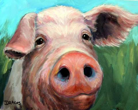 480x383 Pig Art Print Of Original Pig Painting By Dottie Dracos, Pig - Pig Oil Painting